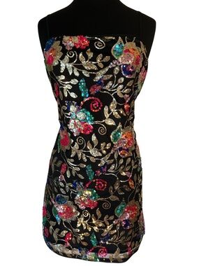 NWOT Lulus Superior Sparkle Black Gold Blue Floral Sequin Lace-up Mini Dress